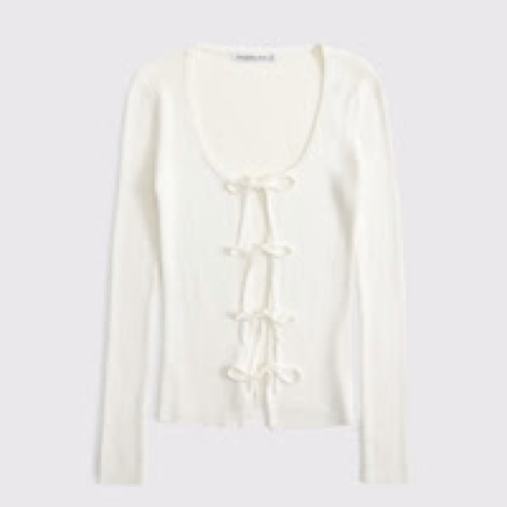Abercrombie & Fitch Cream Ribbed Tie-Front Long Sleeve Cardigan - Picture 2 of 5